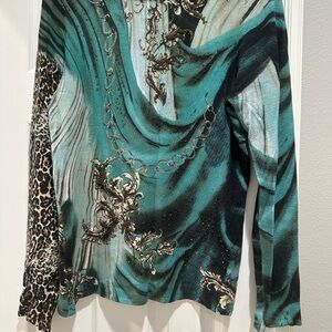 Alberto Makali Teal and Black Patterned mock turtleneck Neck Sweater